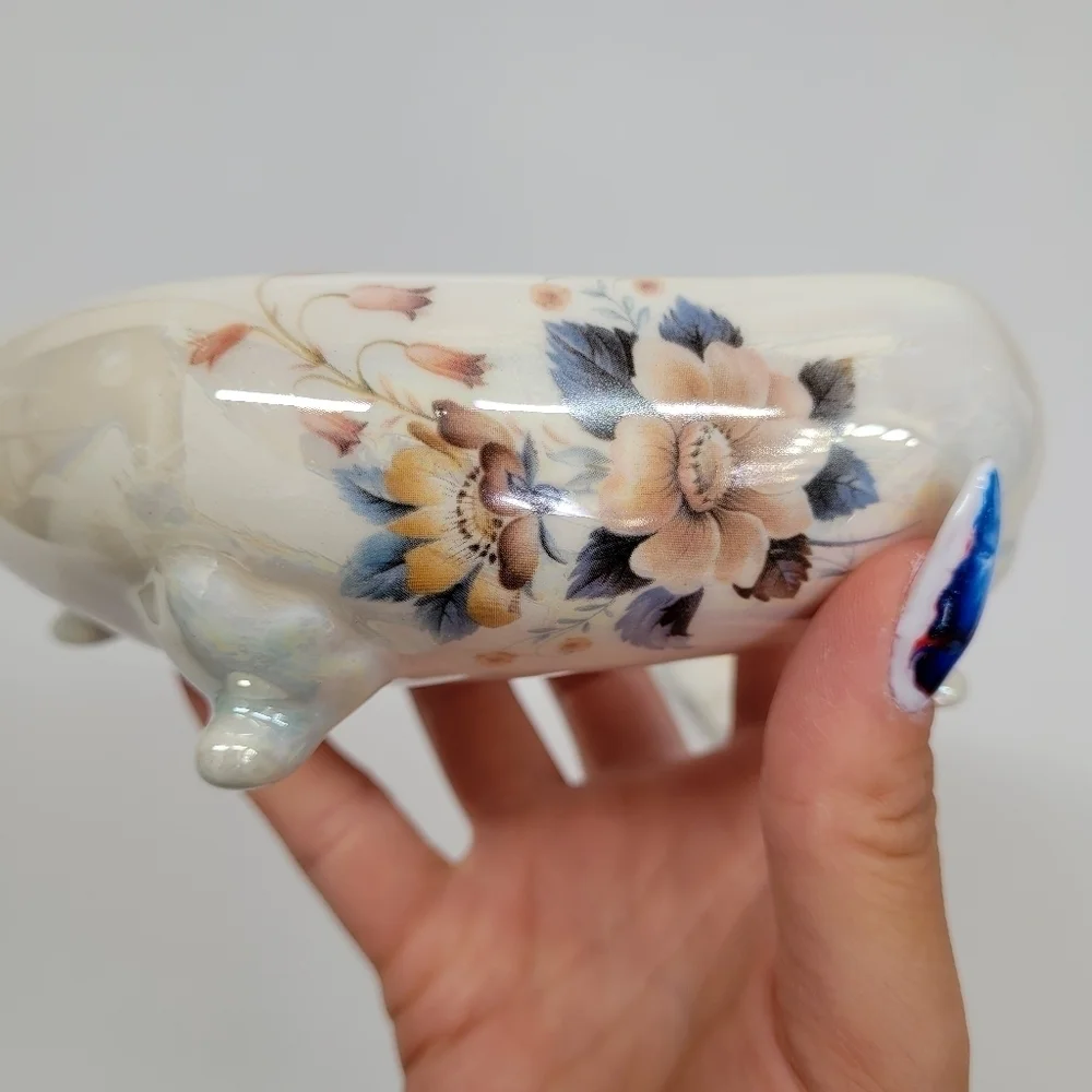 Vintage Porcelain Luster Jewelry Trinket Box Floral Victorian Floral Cottagecore